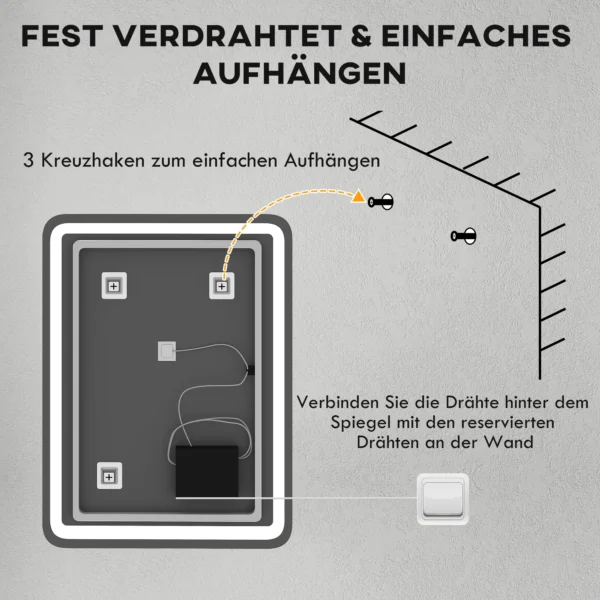 Badkamerspiegel, 60 x 80 cm led spiegel met touch schakelaar, geheugenfunctie, wandspiegel beschlagvrij lichtspiegel met 3 lichtkleuren, zilver 9