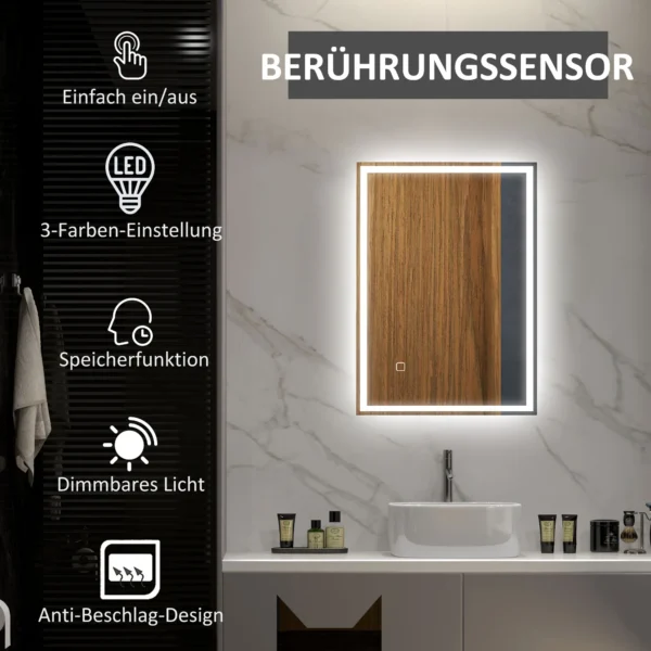 Badkamerspiegel met verlichting 70 x 50 cm led spiegel met geheugenfunctie wandspiegel met touchschakelaar, condensvrije lichtspiegel met 3 lichtkleuren wit 5