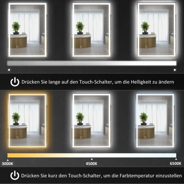 Badkamerspiegel met verlichting 70 x 50 cm led spiegel met geheugenfunctie wandspiegel met touchschakelaar, condensvrije lichtspiegel met 3 lichtkleuren wit 6