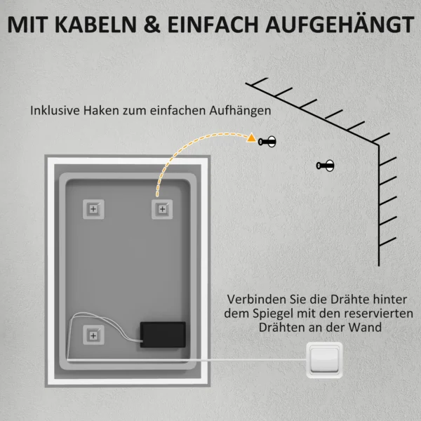 Badkamerspiegel met verlichting 70 x 50 cm led spiegel met geheugenfunctie wandspiegel met touchschakelaar, condensvrije lichtspiegel met 3 lichtkleuren wit 9