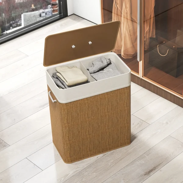 Bamboe wasmand met deksel 100 l wasverzamelaar met touwhandvatten, uitneembare waszak, wasmanden was sorteerder voor wasruimte slaapkamer badkamer bruin 10