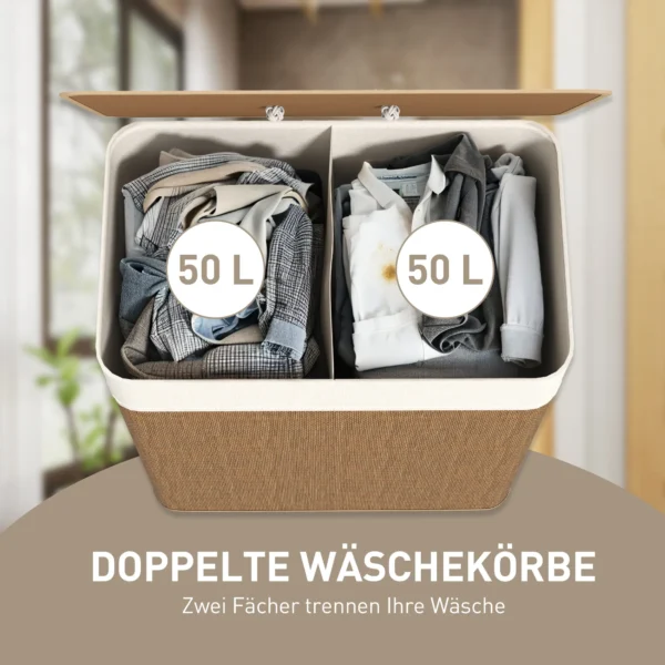 Bamboe wasmand met deksel 100 l wasverzamelaar met touwhandvatten, uitneembare waszak, wasmanden was sorteerder voor wasruimte slaapkamer badkamer bruin 5