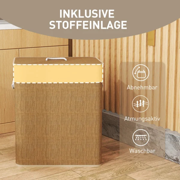 Bamboe wasmand met deksel 100 l wasverzamelaar met touwhandvatten, uitneembare waszak, wasmanden was sorteerder voor wasruimte slaapkamer badkamer bruin 8