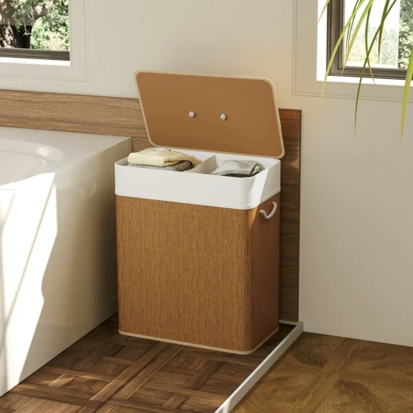 Bamboe wasmand met deksel 100 l wasverzamelaar met touwhandvatten, uitneembare waszak, wasmanden was sorteerder voor wasruimte slaapkamer badkamer bruin 9
