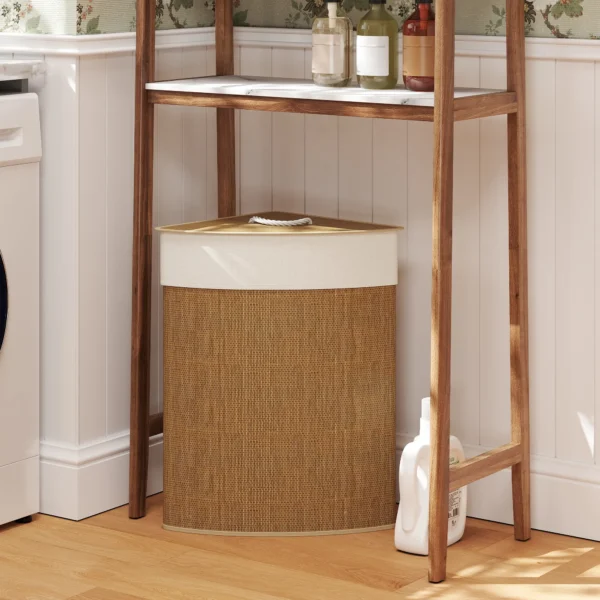 Bamboe wasmand met deksel 55 l hoek wasverzamelaar met uitneembare waszak, wasbox wasmanden voor badkamer wasruimte slaapkamer bruin 2