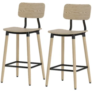 Barkrukken set van 2, barstoel met rugleuning en voetsteun, keukenstoelen met stalen poten voor keuken, woonkamer, eetkamer natuur 1