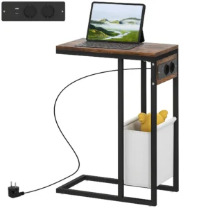 Bijzettafel salontafel in c vorm met draagtas, industriële nachtkastje met usb aansluitingen, stopcontacten voor woonkamer, slaapkamer, rustiek bruin 1