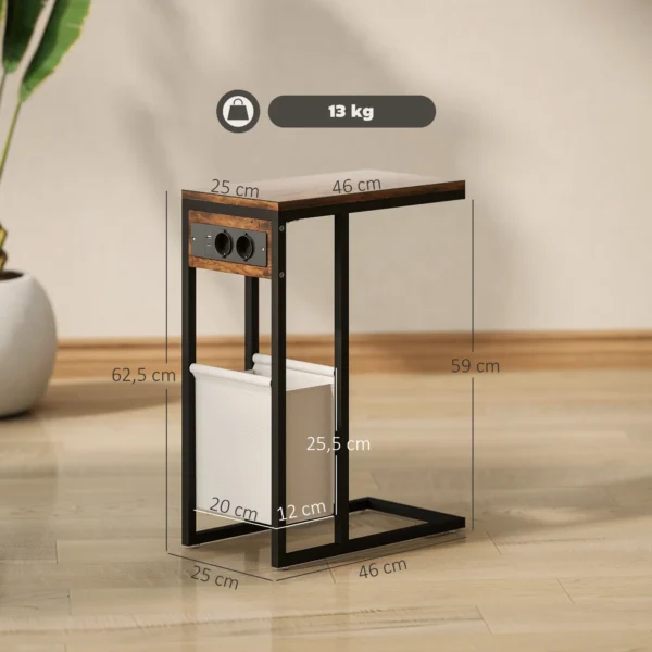 Bijzettafel salontafel in c vorm met draagtas, industriële nachtkastje met usb aansluitingen, stopcontacten voor woonkamer, slaapkamer, rustiek bruin 4