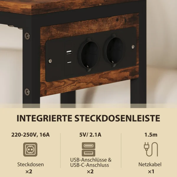Bijzettafel salontafel in c vorm met draagtas, industriële nachtkastje met usb aansluitingen, stopcontacten voor woonkamer, slaapkamer, rustiek bruin 5