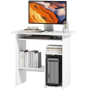 Bureau, 80 x 45 cm, computertafel, kantoor tafel met toetsenbordlade, open vakken en opbergruimtes, spaanplaat, voor thuis kantoor, slaapkamer, wit 1