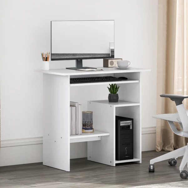 Bureau, 80 x 45 cm, computertafel, kantoor tafel met toetsenbordlade, open vakken en opbergruimtes, spaanplaat, voor thuis kantoor, slaapkamer, wit 2