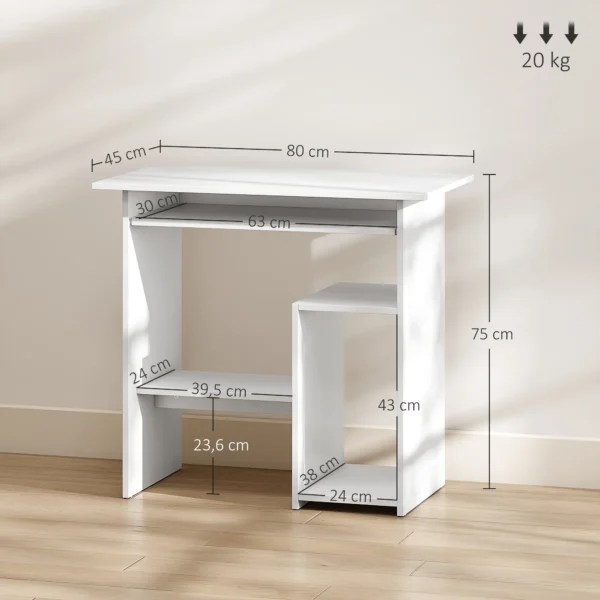 Bureau, 80 x 45 cm, computertafel, kantoor tafel met toetsenbordlade, open vakken en opbergruimtes, spaanplaat, voor thuis kantoor, slaapkamer, wit 4