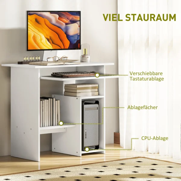 Bureau, 80 x 45 cm, computertafel, kantoor tafel met toetsenbordlade, open vakken en opbergruimtes, spaanplaat, voor thuis kantoor, slaapkamer, wit 5