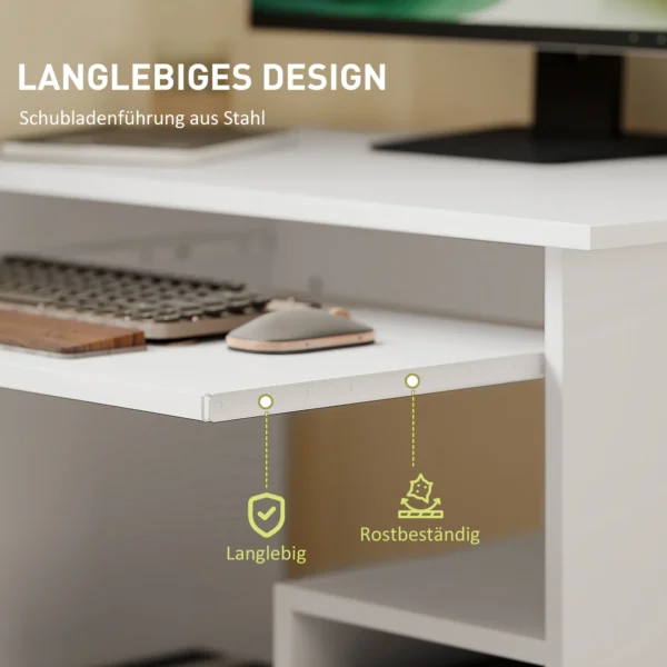 Bureau, 80 x 45 cm, computertafel, kantoor tafel met toetsenbordlade, open vakken en opbergruimtes, spaanplaat, voor thuis kantoor, slaapkamer, wit 7