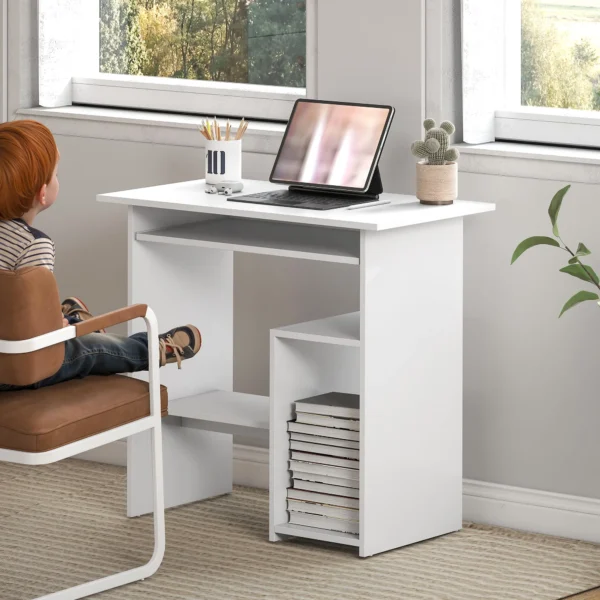 Bureau, 80 x 45 cm, computertafel, kantoor tafel met toetsenbordlade, open vakken en opbergruimtes, spaanplaat, voor thuis kantoor, slaapkamer, wit 9