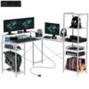 Bureau gaming tafel l vorm met plank, computertafel met monitorstandaard, stopcontact, usb oplaadpoort hoekbureau voor thuisbureau, slaapkamer, 137 x 140 x 139,5 cm wit 1