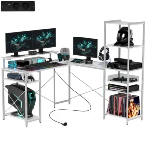 Bureau gaming tafel l vorm met plank, computertafel met monitorstandaard, stopcontact, usb oplaadpoort hoekbureau voor thuisbureau, slaapkamer, 137 x 140 x 139,5 cm wit 1