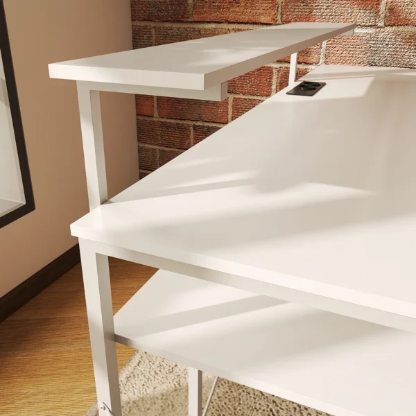 Bureau gaming tafel l vorm met plank, computertafel met monitorstandaard, stopcontact, usb oplaadpoort hoekbureau voor thuisbureau, slaapkamer, 137 x 140 x 139,5 cm wit 10
