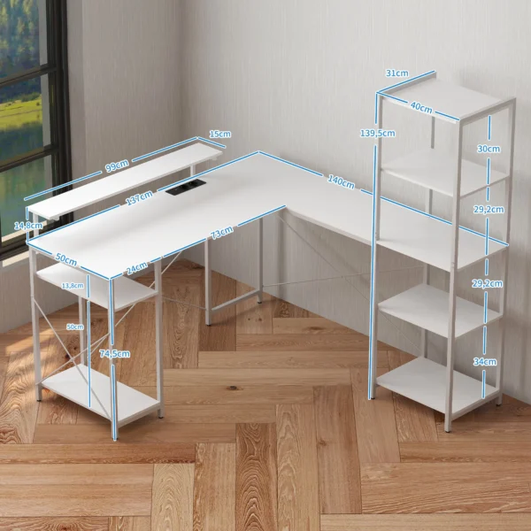 Bureau gaming tafel l vorm met plank, computertafel met monitorstandaard, stopcontact, usb oplaadpoort hoekbureau voor thuisbureau, slaapkamer, 137 x 140 x 139,5 cm wit 4