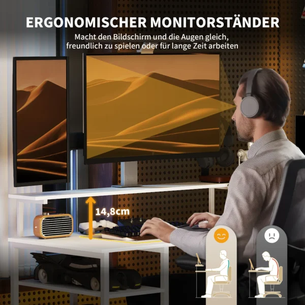 Bureau gaming tafel l vorm met plank, computertafel met monitorstandaard, stopcontact, usb oplaadpoort hoekbureau voor thuisbureau, slaapkamer, 137 x 140 x 139,5 cm wit 6