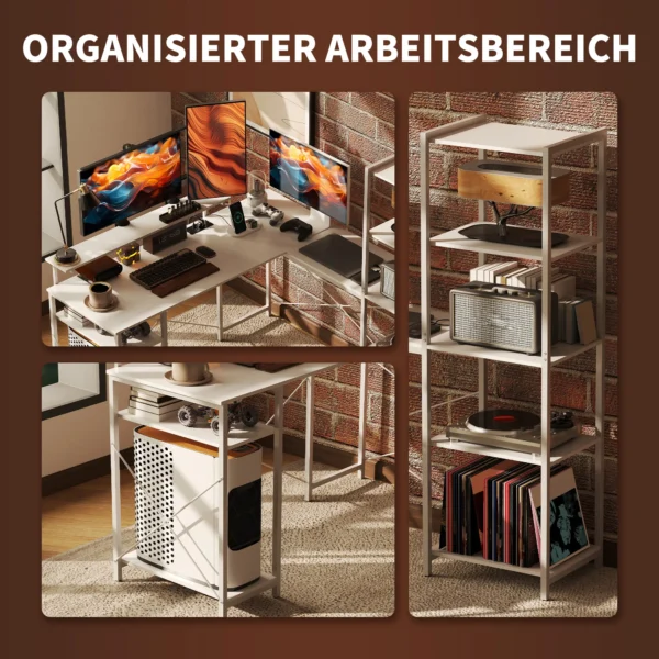 Bureau gaming tafel l vorm met plank, computertafel met monitorstandaard, stopcontact, usb oplaadpoort hoekbureau voor thuisbureau, slaapkamer, 137 x 140 x 139,5 cm wit 7