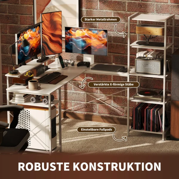 Bureau gaming tafel l vorm met plank, computertafel met monitorstandaard, stopcontact, usb oplaadpoort hoekbureau voor thuisbureau, slaapkamer, 137 x 140 x 139,5 cm wit 8