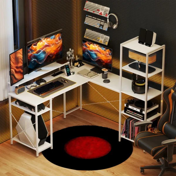 Bureau gaming tafel l vorm met plank, computertafel met monitorstandaard, stopcontact, usb oplaadpoort hoekbureau voor thuisbureau, slaapkamer, 137 x 140 x 139,5 cm wit 9