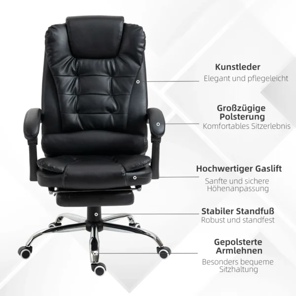 Bureaustoel directeursstoel met voetensteun, bureaustoel met kantelfunctie, in hoogte verstelbare computerstoel met armleuning, draaistoel voor kantoor, kunstleer, zwart 8