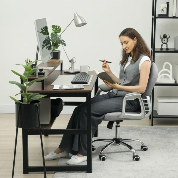Bureaustoel, ergonomische bureaustoel met armleuning, gevoerde rugleuning, in hoogte verstelbare computerstoel met kunstleer look, draaistoel voor thuis kantoor, lichtgrijs 2