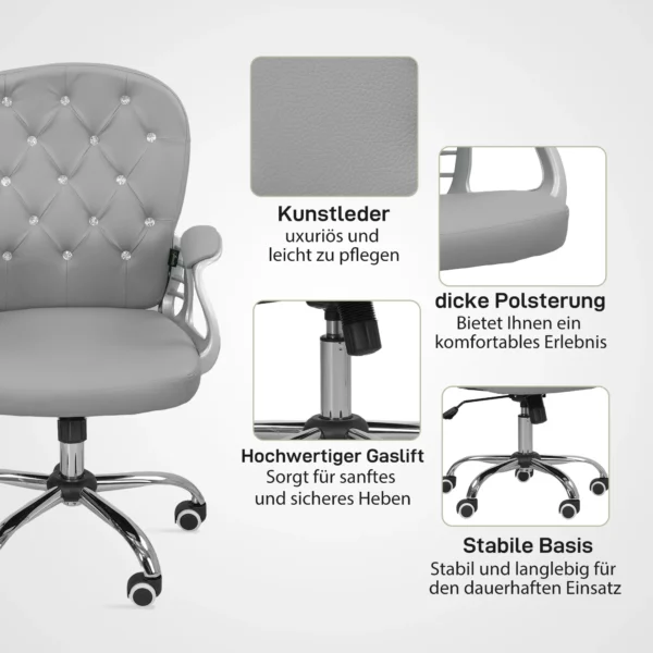 Bureaustoel, ergonomische bureaustoel met armleuning, gevoerde rugleuning, in hoogte verstelbare computerstoel met kunstleer look, draaistoel voor thuis kantoor, lichtgrijs 7