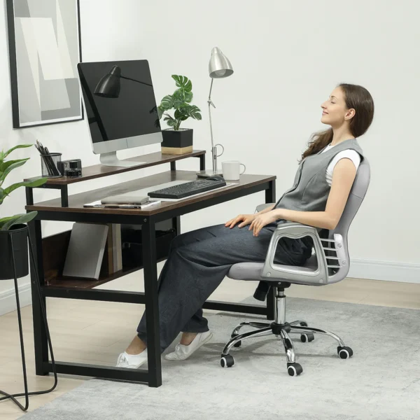 Bureaustoel, ergonomische bureaustoel met armleuning, gevoerde rugleuning, in hoogte verstelbare computerstoel met kunstleer look, draaistoel voor thuis kantoor, lichtgrijs 9