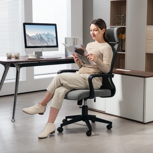 Bureaustoel, ergonomische bureaustoel met armleuning, hoofdsteun, in hoogte verstelbare draaistoel met kantelfunctie, computerstoel met kunstwol look, donkergrijs 2