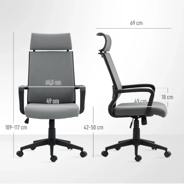 Bureaustoel, ergonomische bureaustoel met armleuning, hoofdsteun, in hoogte verstelbare draaistoel met kantelfunctie, computerstoel met kunstwol look, donkergrijs 4