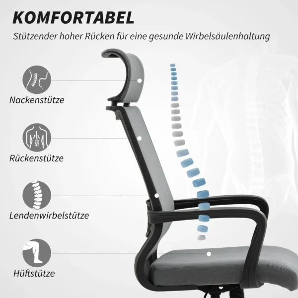 Bureaustoel, ergonomische bureaustoel met armleuning, hoofdsteun, in hoogte verstelbare draaistoel met kantelfunctie, computerstoel met kunstwol look, donkergrijs 5