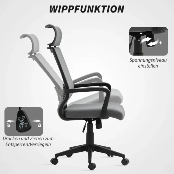 Bureaustoel, ergonomische bureaustoel met armleuning, hoofdsteun, in hoogte verstelbare draaistoel met kantelfunctie, computerstoel met kunstwol look, donkergrijs 7