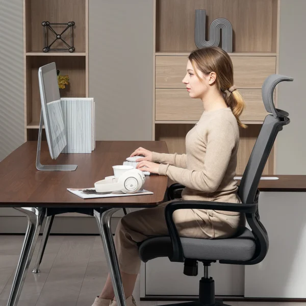 Bureaustoel, ergonomische bureaustoel met armleuning, hoofdsteun, in hoogte verstelbare draaistoel met kantelfunctie, computerstoel met kunstwol look, donkergrijs 9