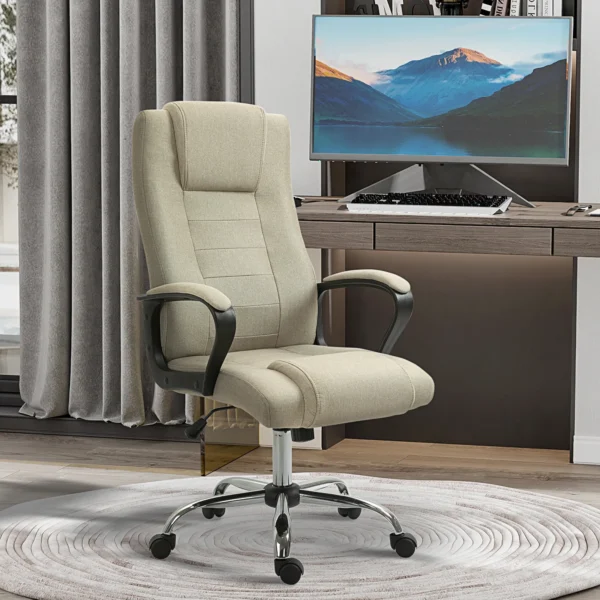 Bureaustoel, ergonomische bureaustoel met hoofdsteun, in hoogte verstelbare computerstoel met linnenlook, draaistoel voor thuiswerk, beige 2