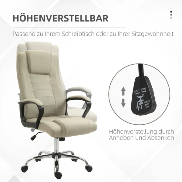 Bureaustoel, ergonomische bureaustoel met hoofdsteun, in hoogte verstelbare computerstoel met linnenlook, draaistoel voor thuiswerk, beige 5