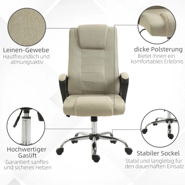 Bureaustoel, ergonomische bureaustoel met hoofdsteun, in hoogte verstelbare computerstoel met linnenlook, draaistoel voor thuiswerk, beige 6