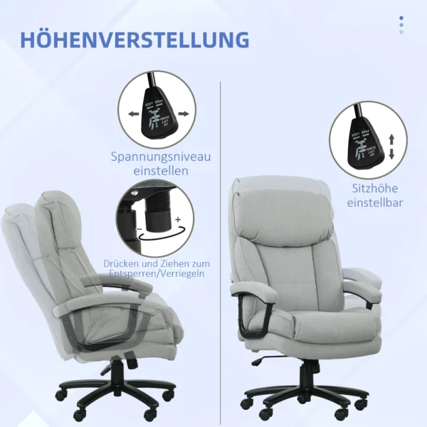Bureaustoel, ergonomische bureaustoel met kantelfunctie, linnenlook, in hoogte verstelbare pc stoel met draaifunctie, dikke kussens, tot 200 kg belastbaar, voor thuiswerk, lichtgrijs 6