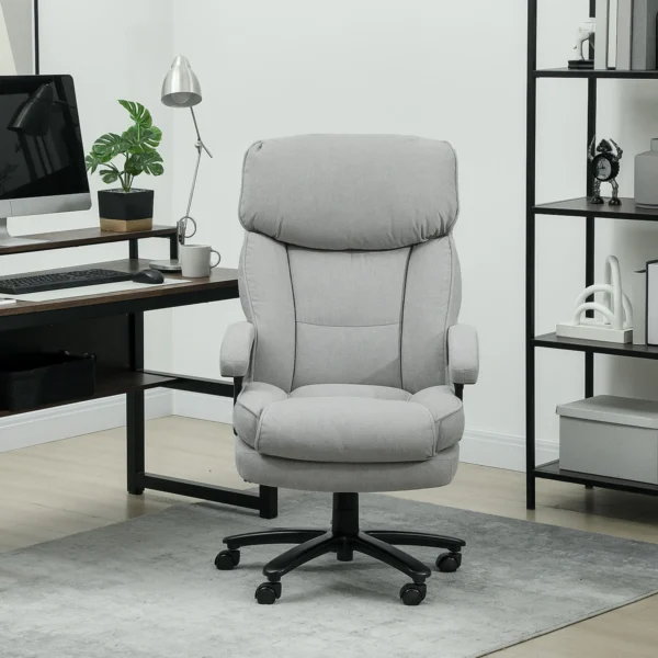 Bureaustoel, ergonomische bureaustoel met kantelfunctie, linnenlook, in hoogte verstelbare pc stoel met draaifunctie, dikke kussens, tot 200 kg belastbaar, voor thuiswerk, lichtgrijs 9