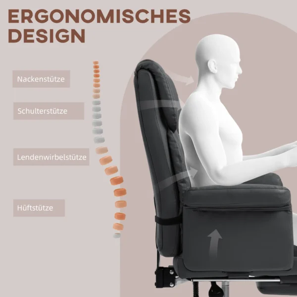 Bureaustoel, ergonomische bureaustoel met ligfunctie, lendenkussen, in hoogte verstelbare computerstoel met voetensteun, draaifunctie, voor thuiswerk, kunstleer, zwart 5