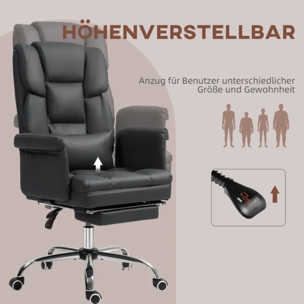 Bureaustoel, ergonomische bureaustoel met ligfunctie, lendenkussen, in hoogte verstelbare computerstoel met voetensteun, draaifunctie, voor thuiswerk, kunstleer, zwart 8