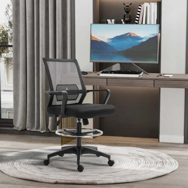 Bureaustoel ergonomische bureaustoel met verstelbare voetenring, lendensteun, in hoogte verstelbare draaistoel met netbekleding, kantelfunctie, computerstoel, zwart 2