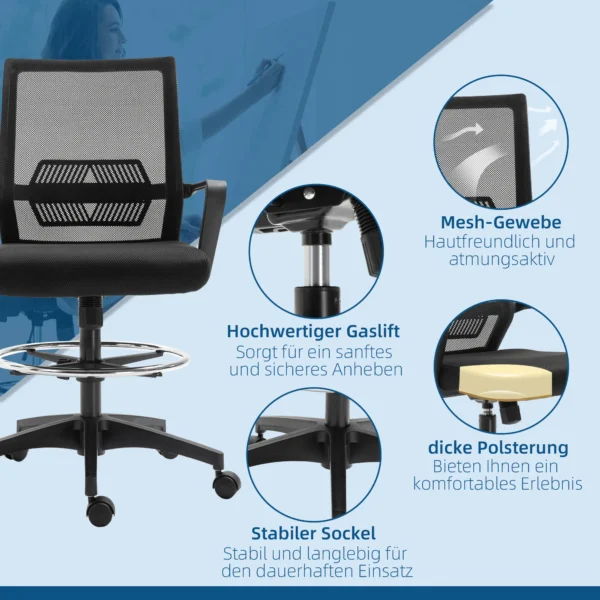 Bureaustoel ergonomische bureaustoel met verstelbare voetenring, lendensteun, in hoogte verstelbare draaistoel met netbekleding, kantelfunctie, computerstoel, zwart 8