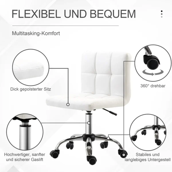 Bureaustoel, ergonomische bureaustoel zonder armleuningen, in hoogte verstelbare draaistoel, computerstoel voor kantoor, studeerkamer, kunstleer, wit 7