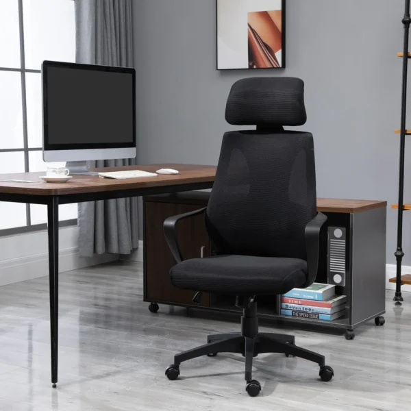 Bureaustoel, in hoogte verstelbare bureaustoel met kantelfunctie draaistoel met armleuning, hoofdsteun, lendensteun bureaustoel met netstof look, zwart 2