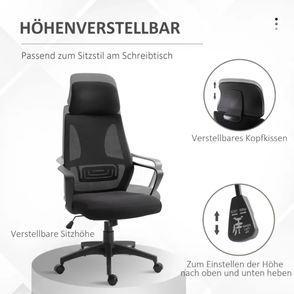 Bureaustoel, in hoogte verstelbare bureaustoel met kantelfunctie draaistoel met armleuning, hoofdsteun, lendensteun bureaustoel met netstof look, zwart 5