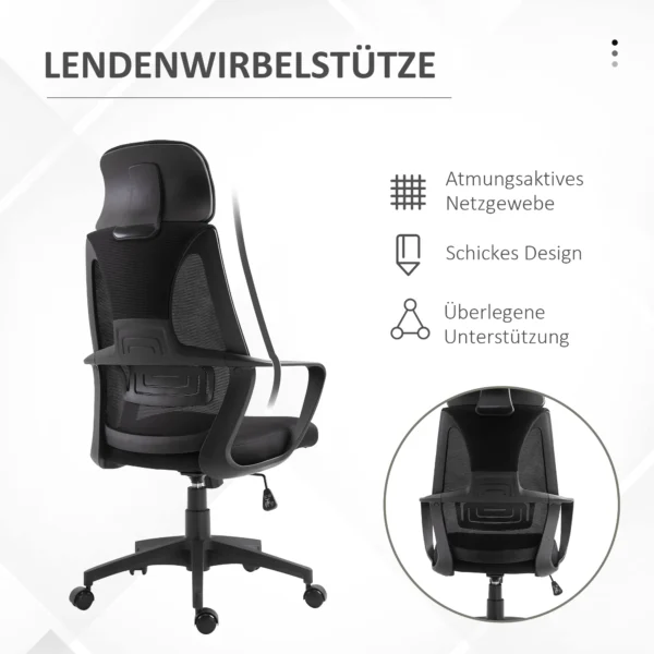 Bureaustoel, in hoogte verstelbare bureaustoel met kantelfunctie draaistoel met armleuning, hoofdsteun, lendensteun bureaustoel met netstof look, zwart 7