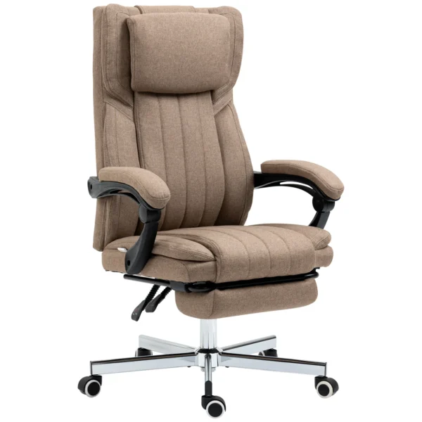 Bureaustoel met 5 massagestanden, ergonomische bureaustoel met verstelbare rugleuning, hoofdsteun, voetensteun, in hoogte verstelbare draaistoel met afstandsbediening, linnenlook, bruin 1